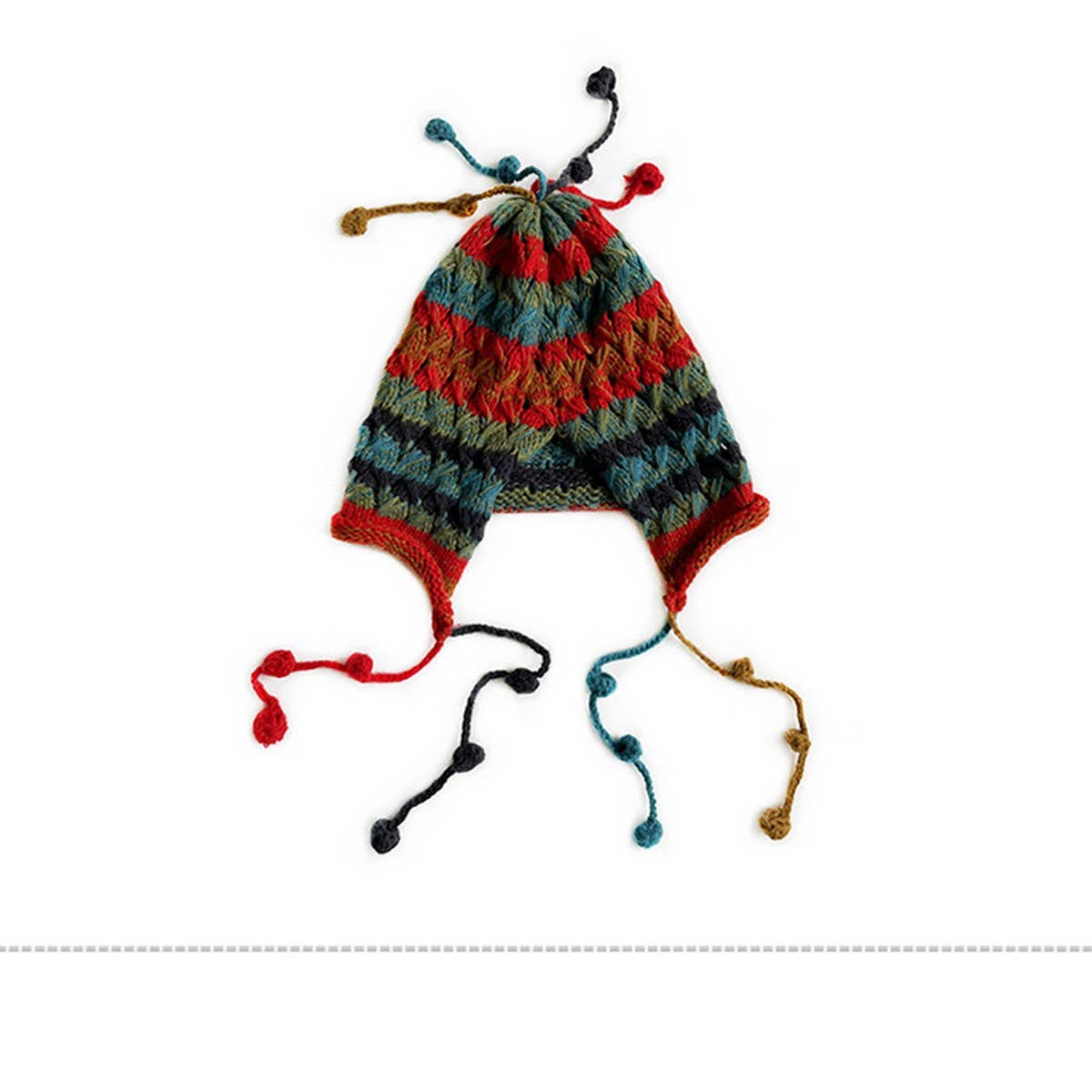 COLORFUL BALL EARFLAP LACE-UP TASSEL KNITTED HAT_CWAH2061