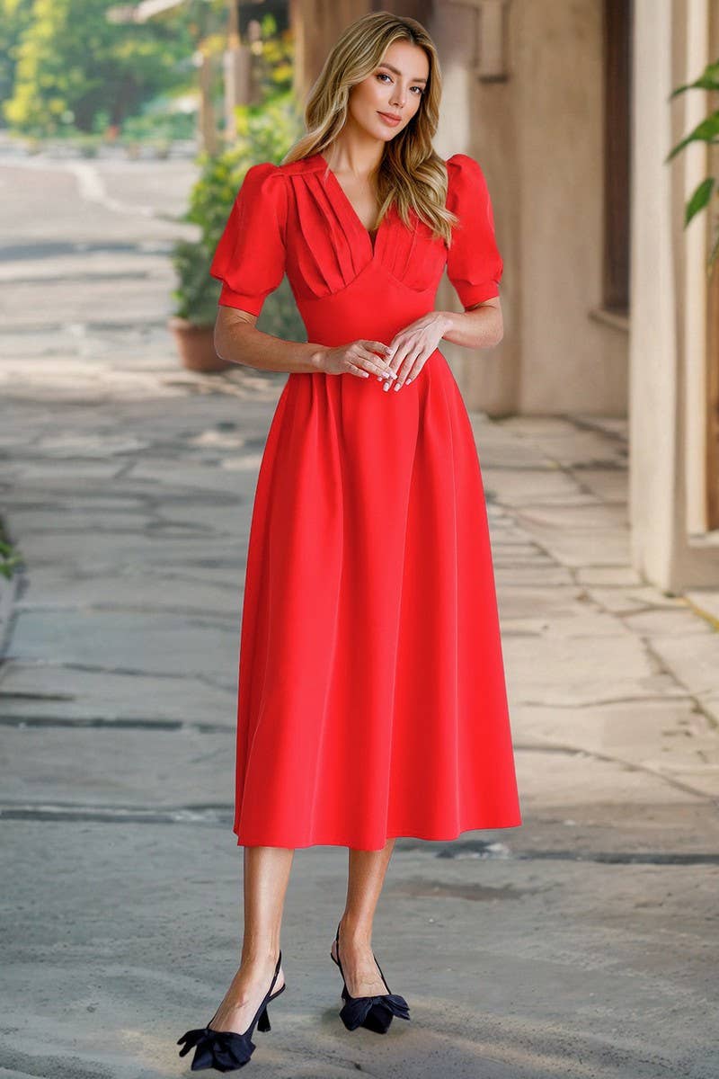 CWDMD6126_SOLID V-NECK LANTERN SLEEVE BODYCON DRESS