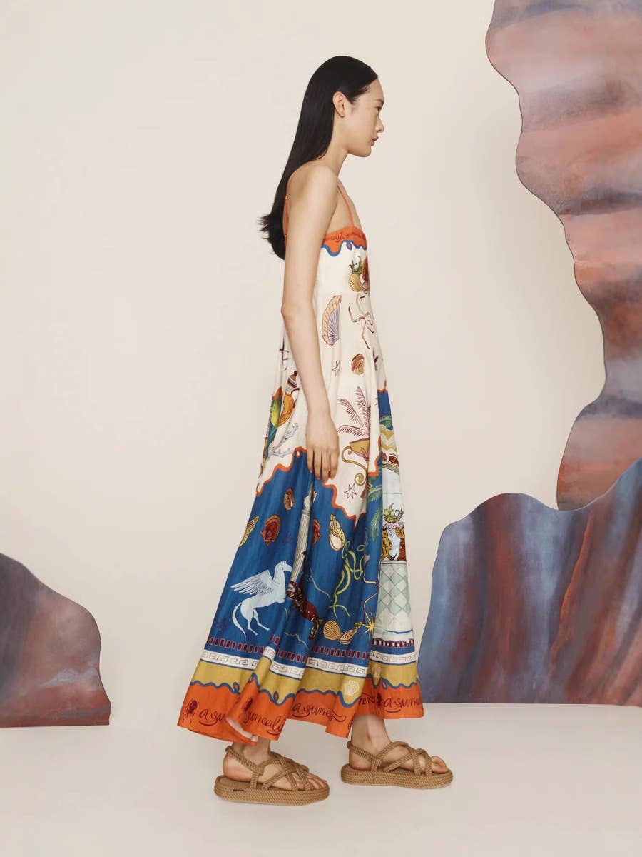 Sexy halter linen graffiti long swing dress