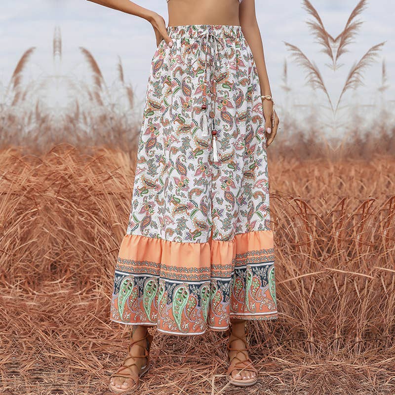 SPLIT LACE-UP BOHEMIAN FLORAL SKIRT
