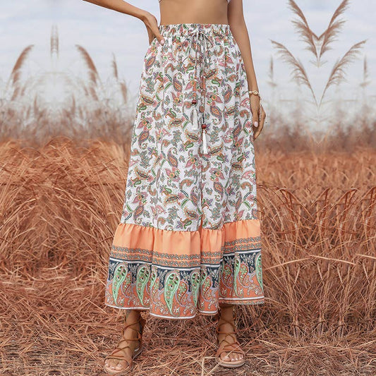 SPLIT LACE-UP BOHEMIAN FLORAL SKIRT