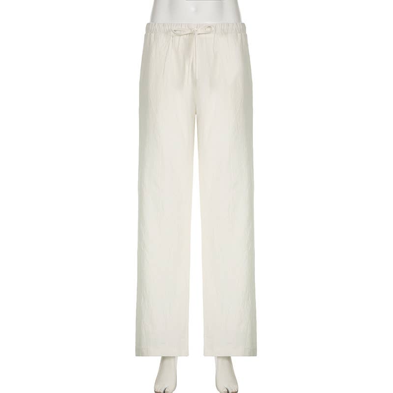 Simple style solid-color drawstring woven pants