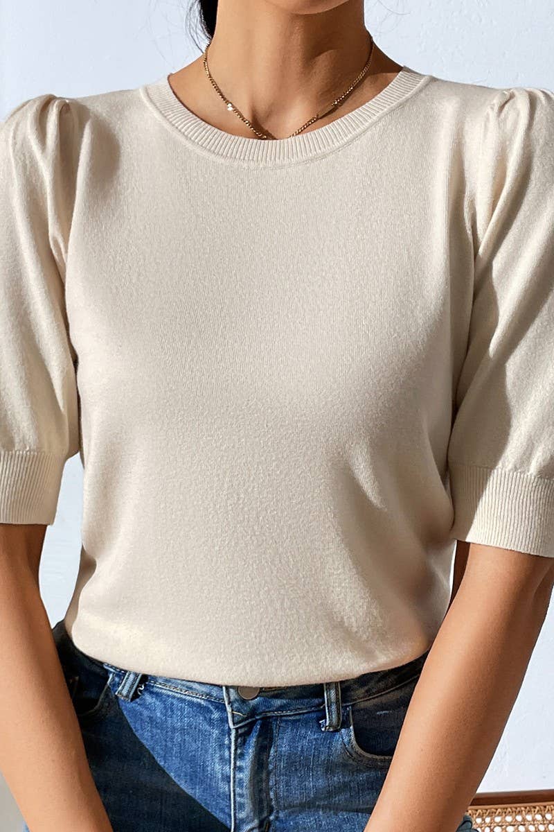 Cwtts0731_Crew Neck Puff Short Slv Soft Pullover Sweater