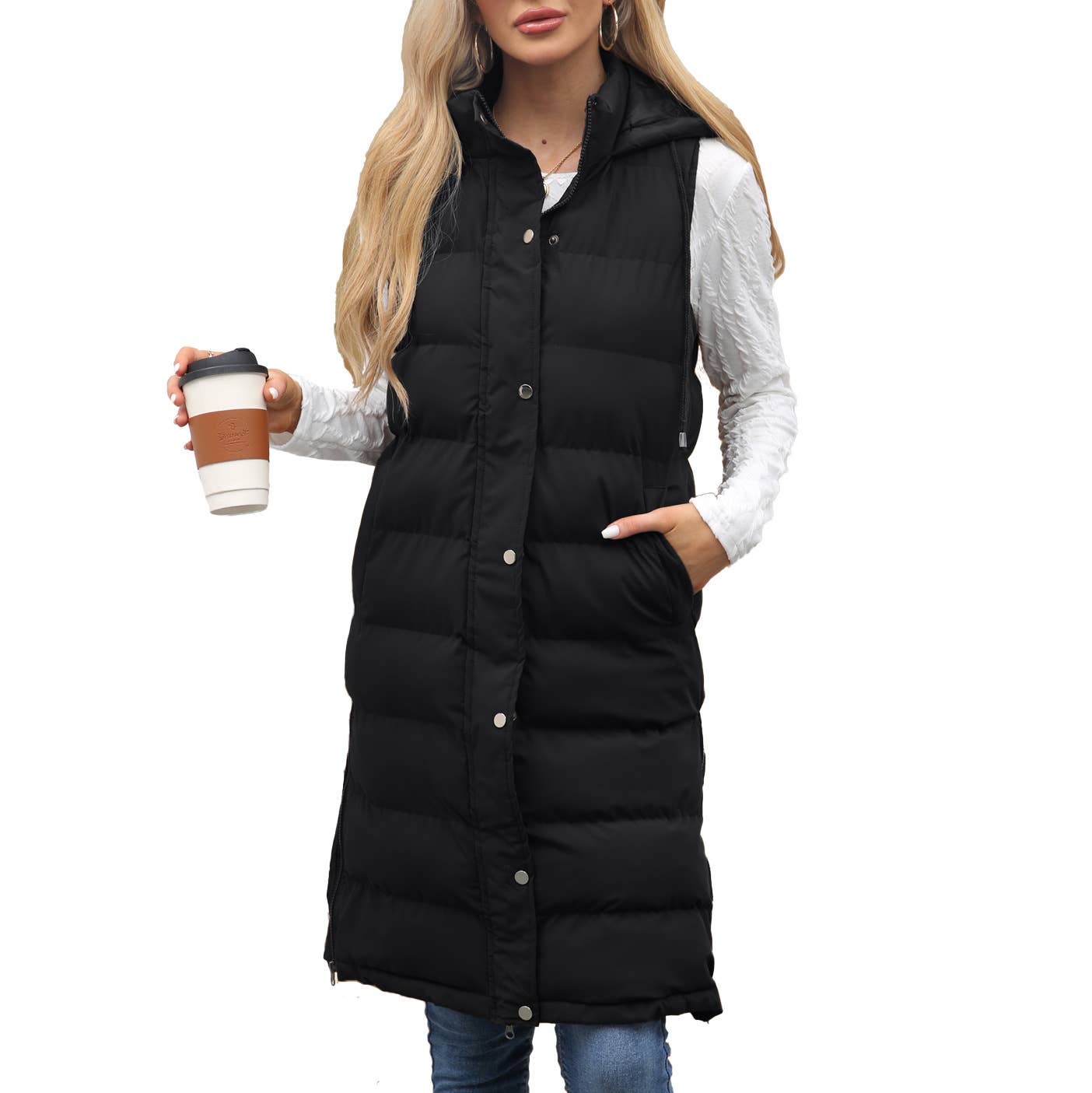Solid-color hooded sleeveless cotton-padded vest
