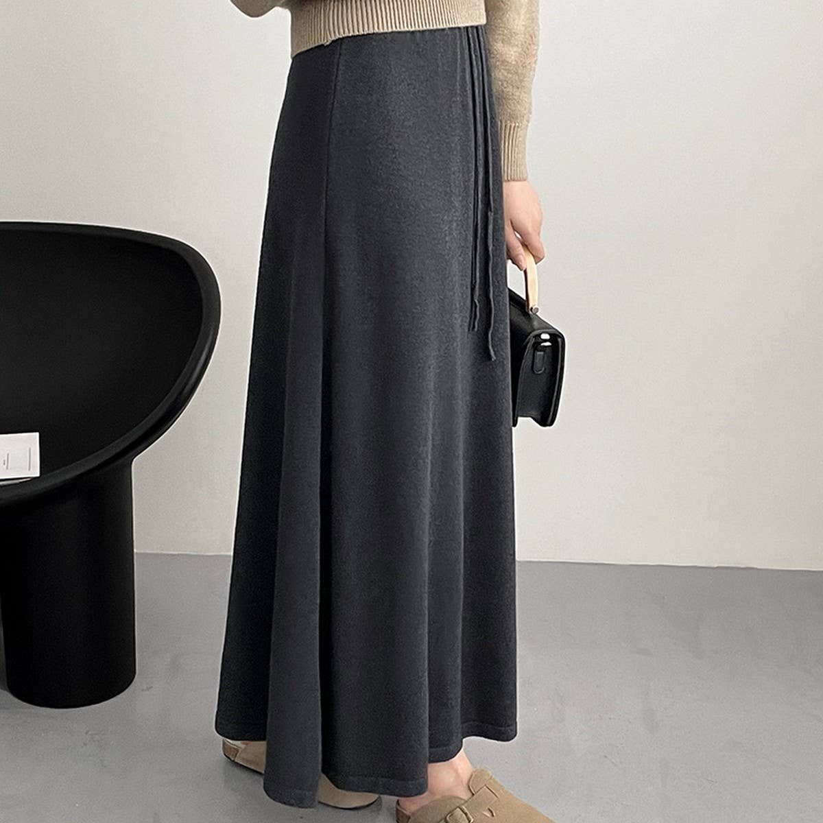 Solid color all-in-one drawstring knit A-line skirt