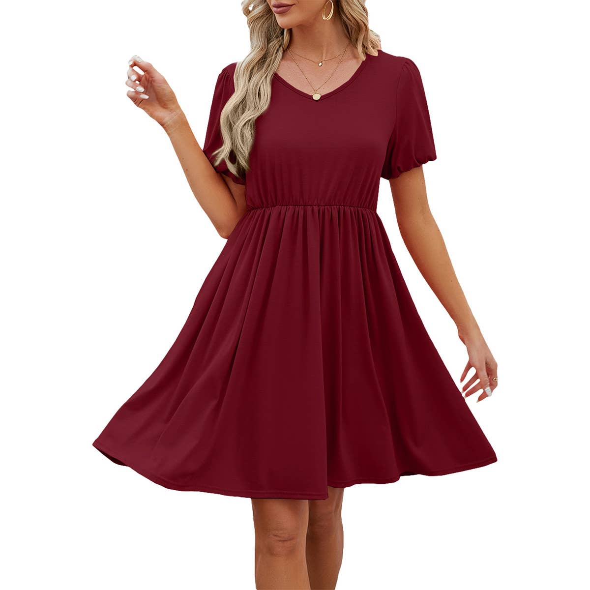 V-NECK PUFFY SLEEVE PLEATED SKIRT DRESS