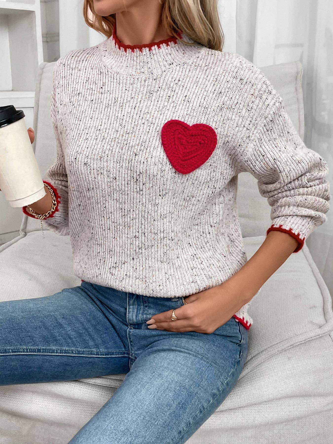 Valentine's Day half turtleneck love jacquard pullover