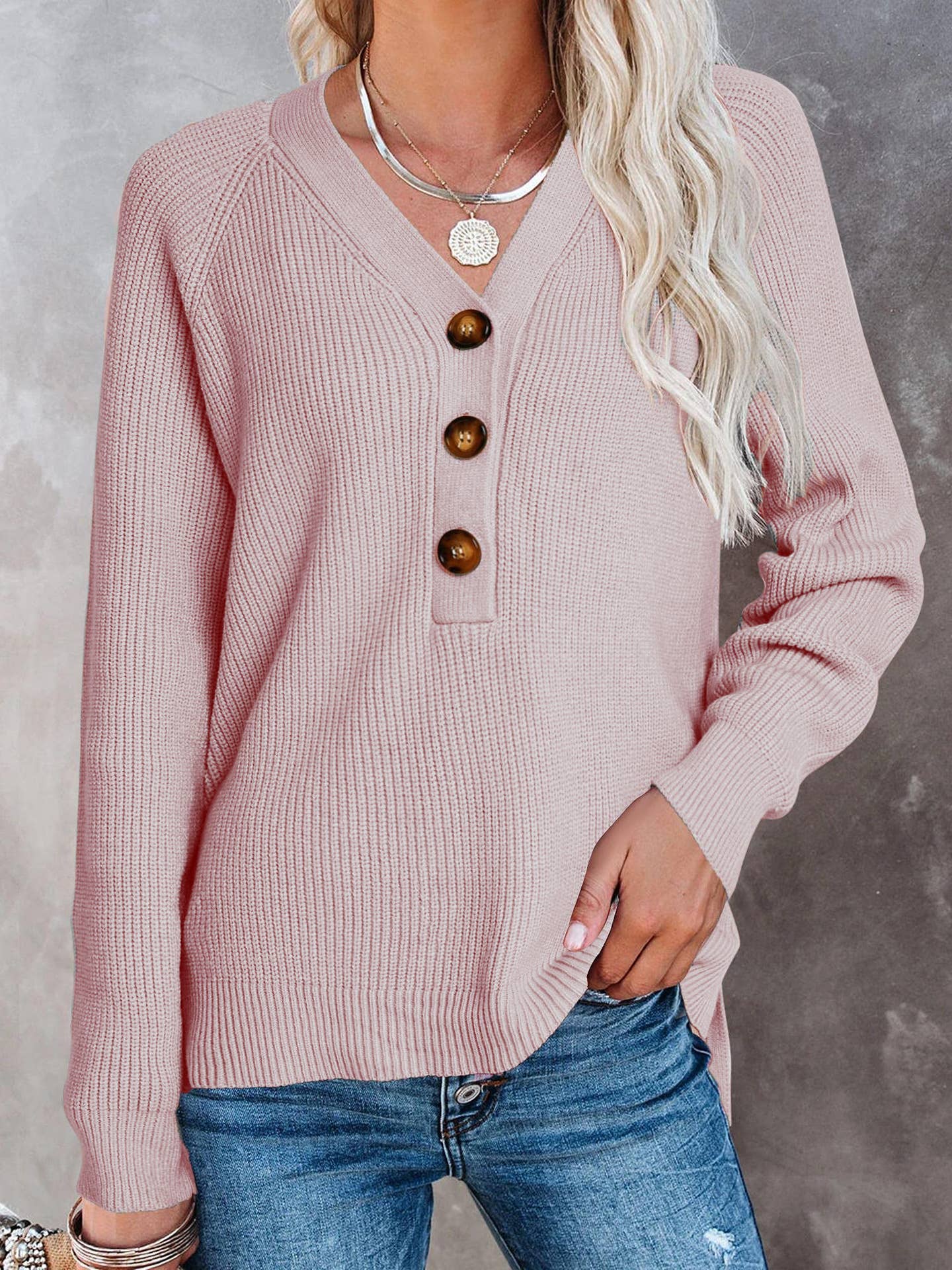 KNIT PULLOVER V-NECK SINGLE BREASTED SWEATER
