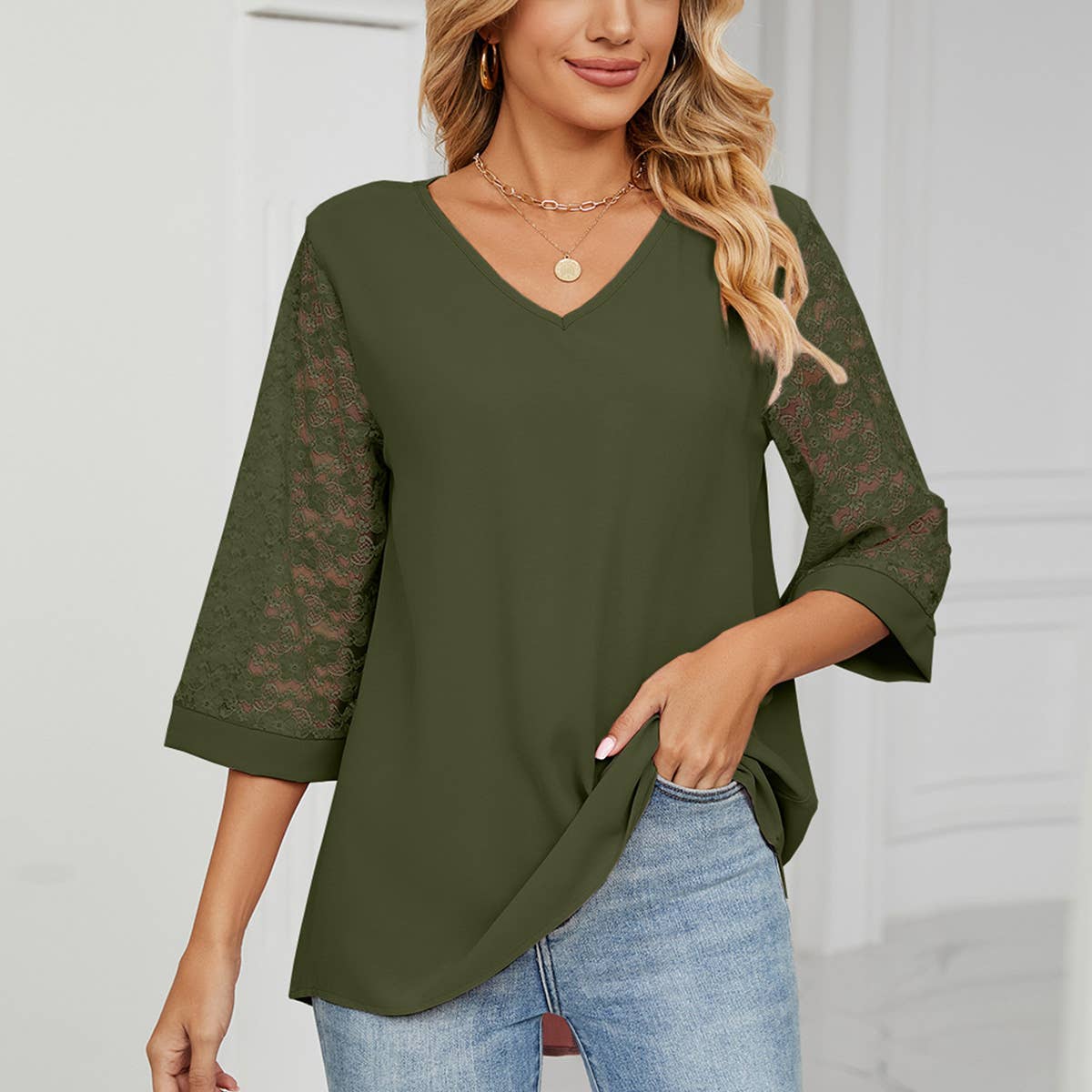 LACE HORN SLEEVE PATCHWORK CHIFFON BLOUSE