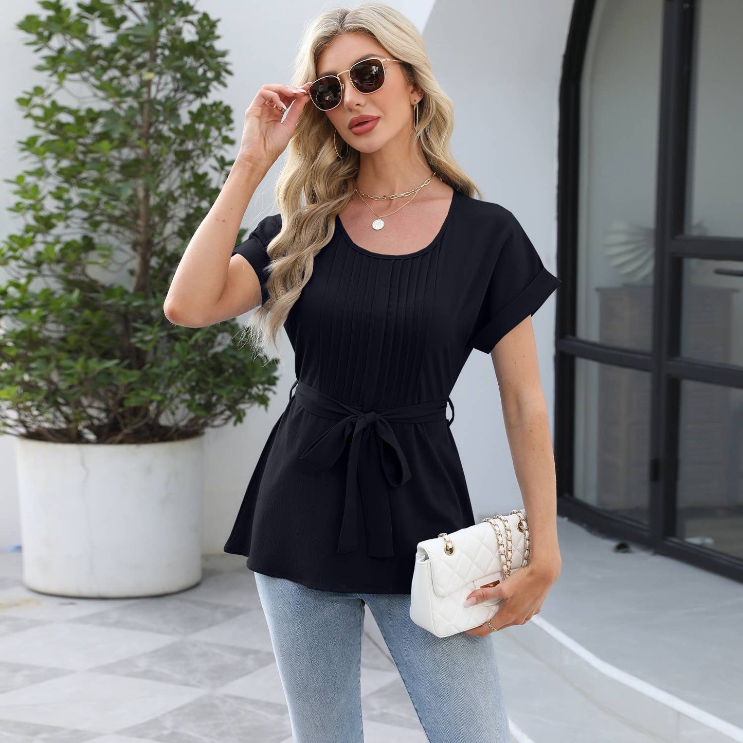 Ruffled round neck short sleeved casual shirt