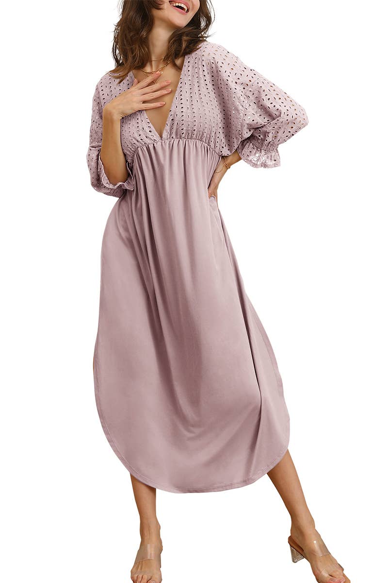 CWDMD795_3/4 SLEEVE V NECK LONG DRESS