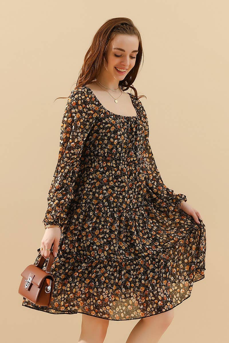 CWDSD1399-B_LONGSLEEVE SQUERE NECK SHORT MINI DRESS