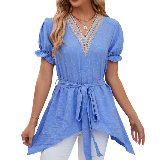 V-neck lace jacquard lace up short sleeved dress