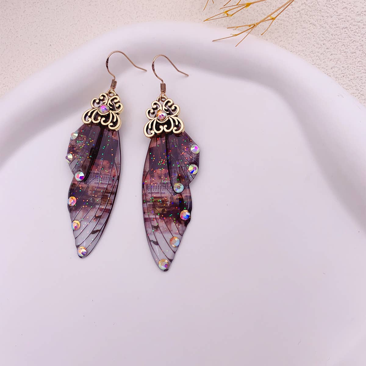 Elegant long earrings with cicada wing wings