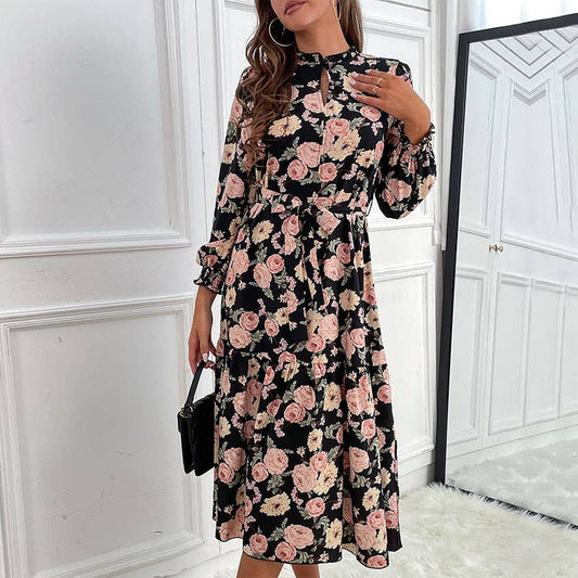 Printed lace-up dress with high neck
