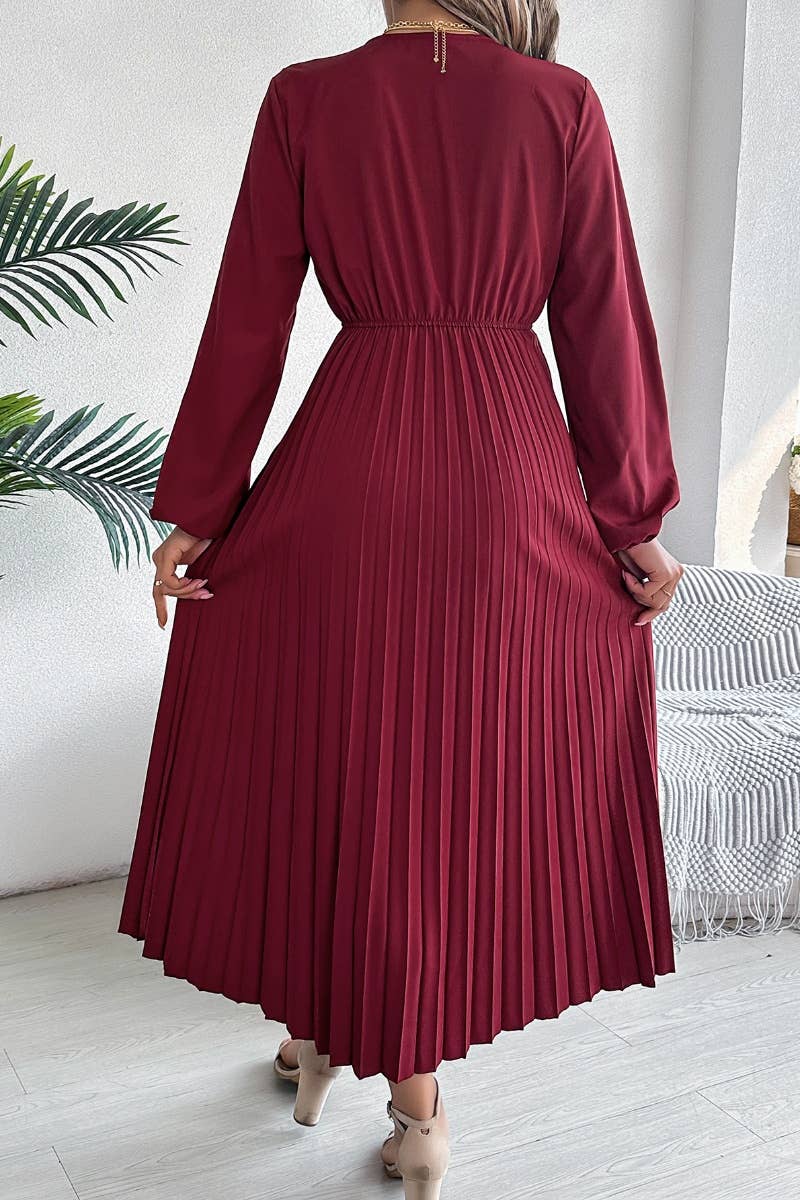 CWDMD3462_V-NECK LONG SLEEVE WAIST PLEATED DRESS LONG STYLE