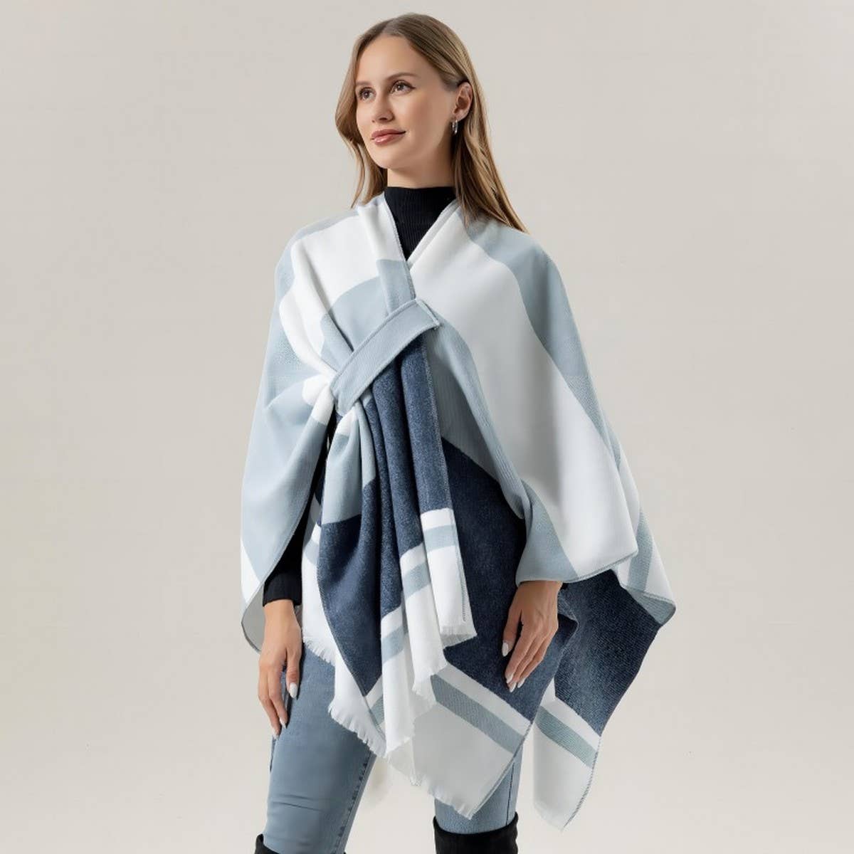 COLORBLOCKED AND BARRED CAPE WITH OUTER CAPE