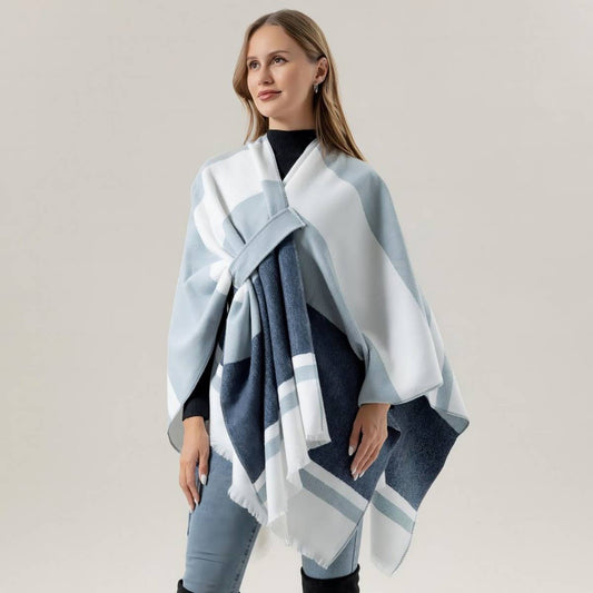 COLORBLOCKED AND BARRED CAPE WITH OUTER CAPE
