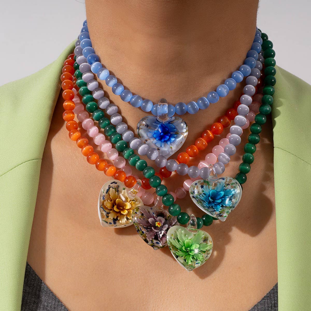 Cat??¢s Eye Glass Heart Flower Pendant Necklace_CWMM7536