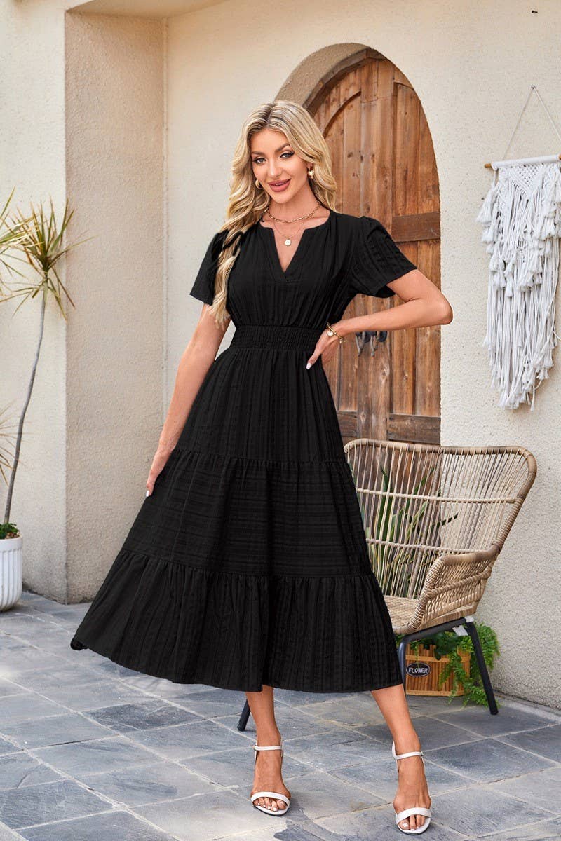 CWDMD6338_V-NECK PLEATED PUFF SLEEVES LONG-SLEEVED DRESS