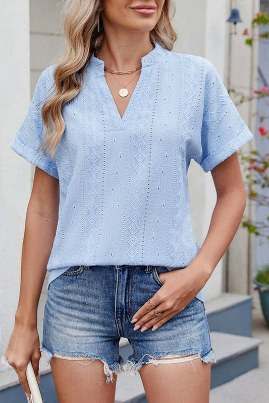 Cwtts1335_Summer Jacquard V-Neck Short Sleeve Loose T-Shirt