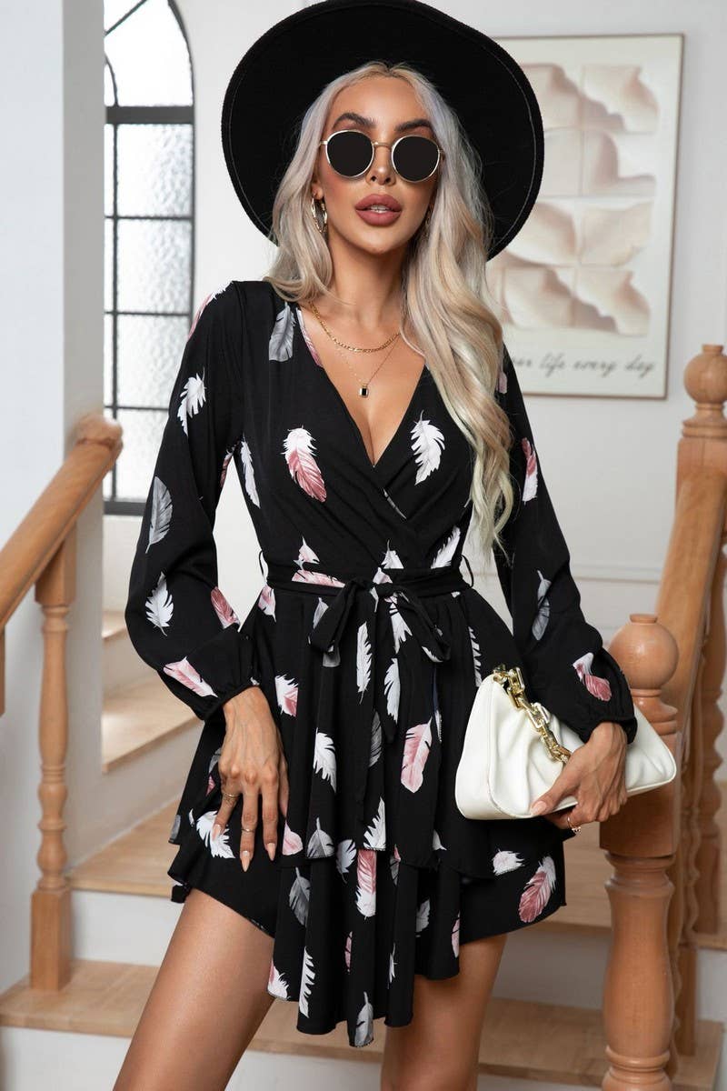 CWDSD2921_FEATHER PRINT  HEM RUFFLED LACE-UP MINI DRESS