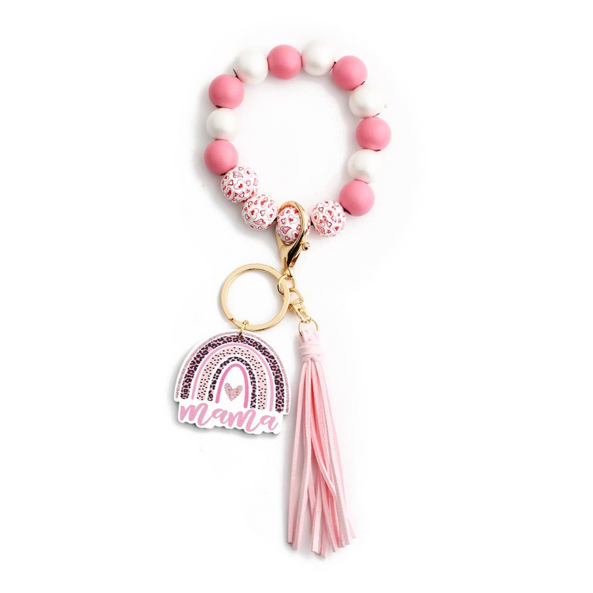 Leopard Wood Bead Bracelet Heart Keychain_CWAB5075