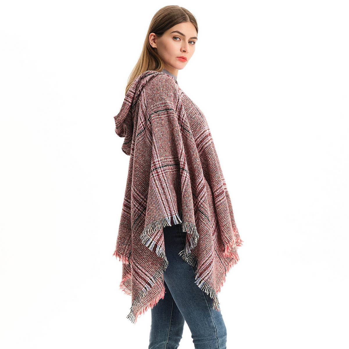 CIRCLE YARN FUR LARGE PLAID HOODED CAPE SHAWL