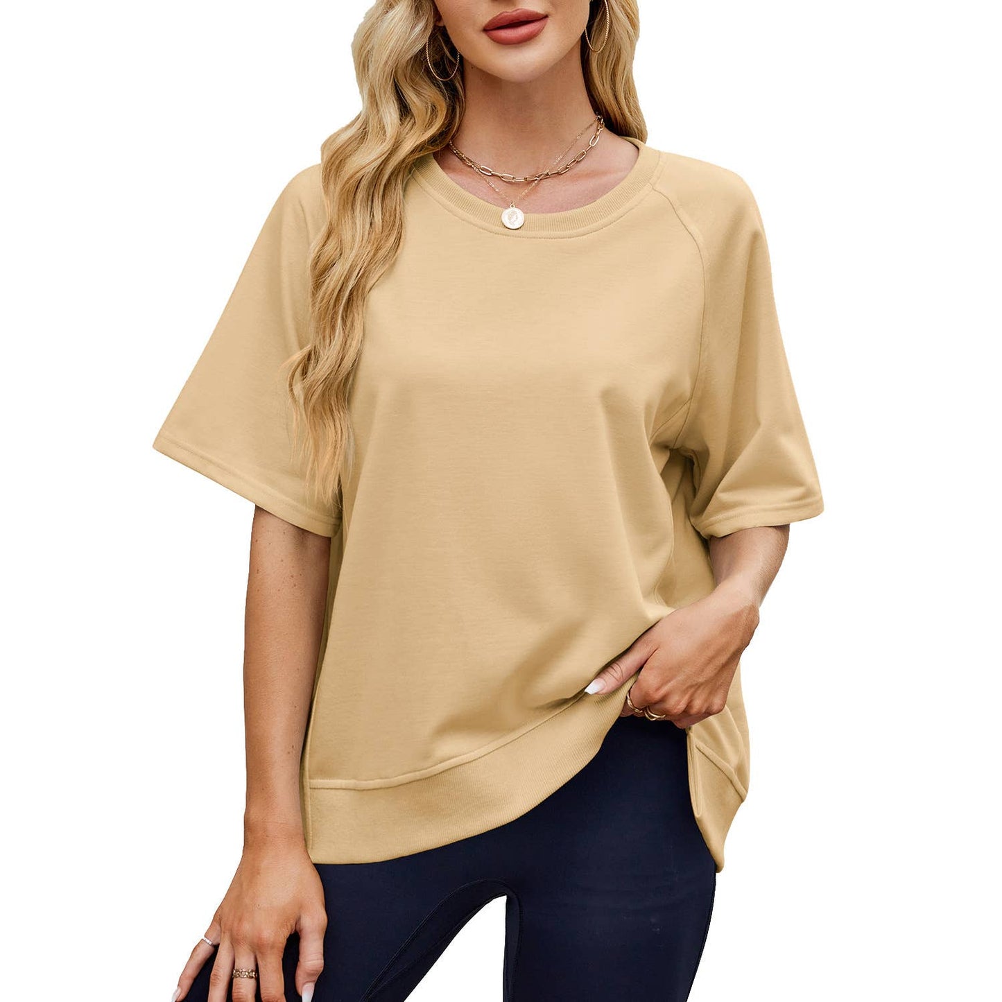Solid color screw-neck loose short-sleeved hoodie