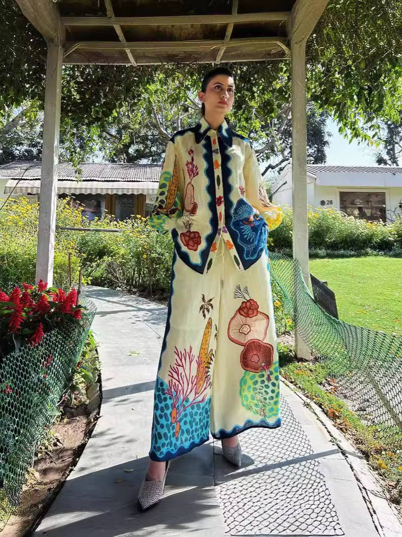 STYLISH PRINTED PUFFY SLEEVE HOLIDAY CASUAL SUIT