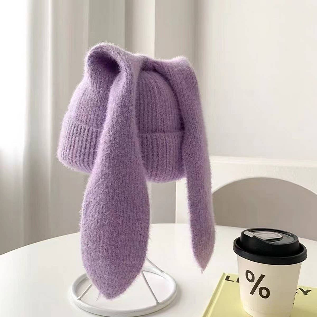 CWAH2212_SOLID COLOR LONG EAR RABBIT KNITTED WOOL HAT