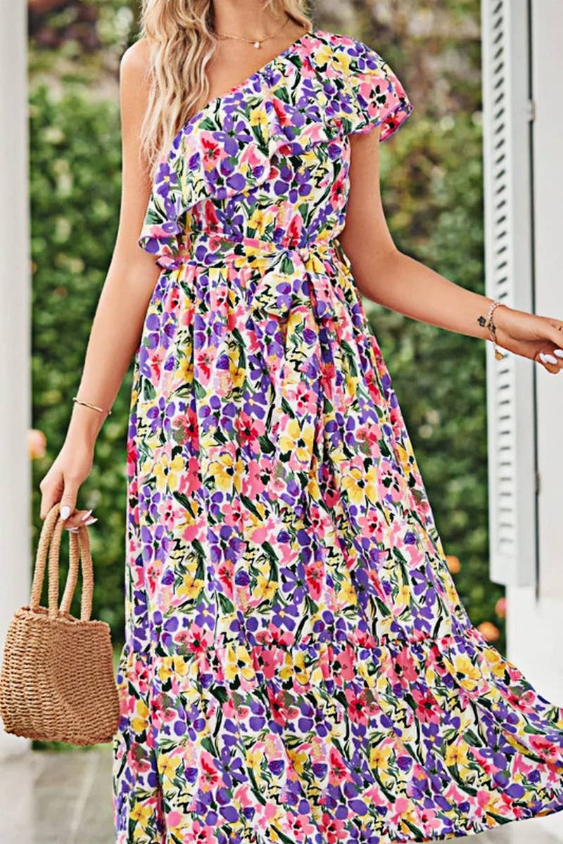 CWDMD4123_ONE-SHOULDER PRINTED TIE-NECK RUFFLE DRESS