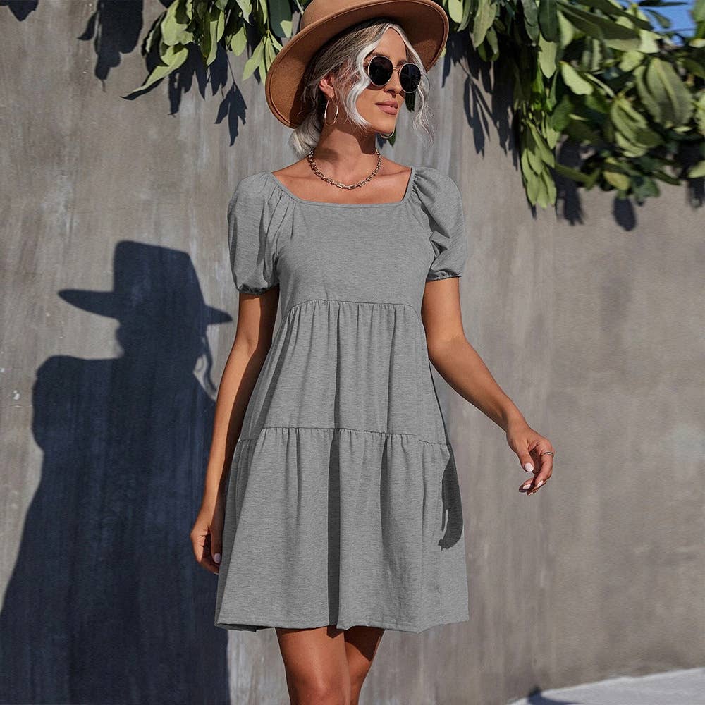 SOLID COLOR KNITTED SQUARE COLLAR DRESS