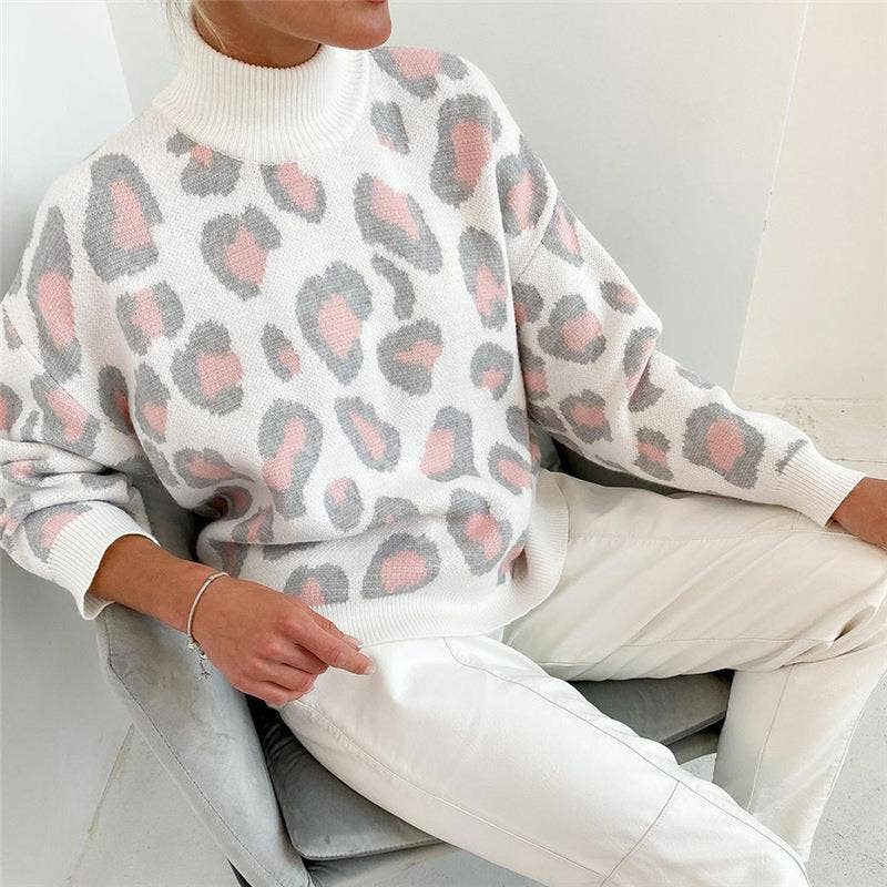 LEOPARD-PRINT HALF-TURTLENECK SWEATER LOOSE WOOL