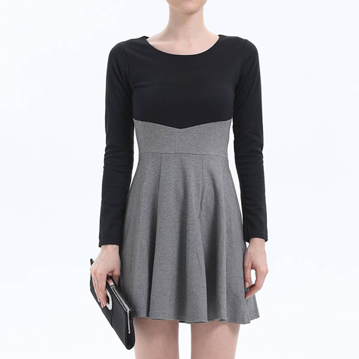 ROUND NECK TEMPERAMENT CONTRAST COLOR SLIM DRESS