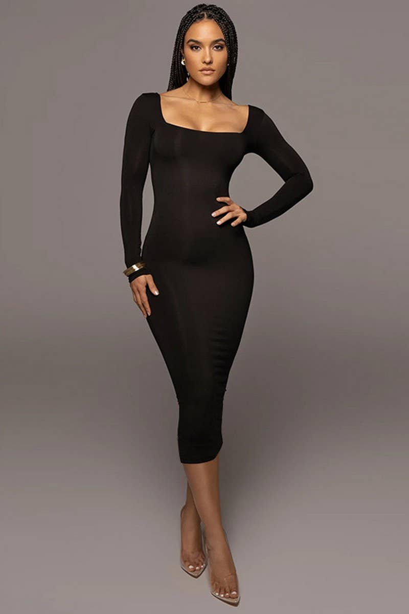 CWDMD4902_SOLID COLOR SLIM SQUARE NECK LONG SLEEVE DRESS