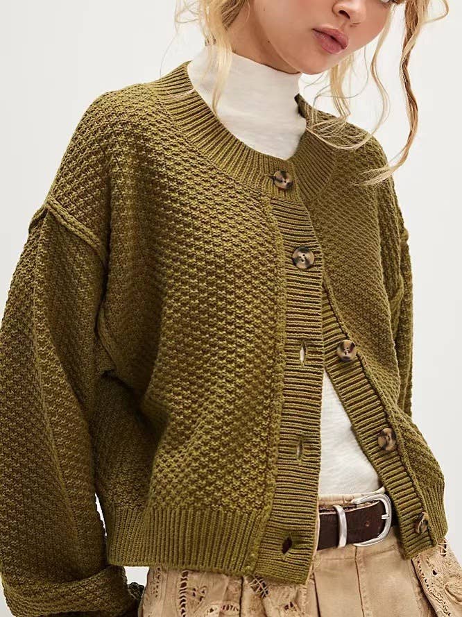Round-neck street casual solid-color cardigan