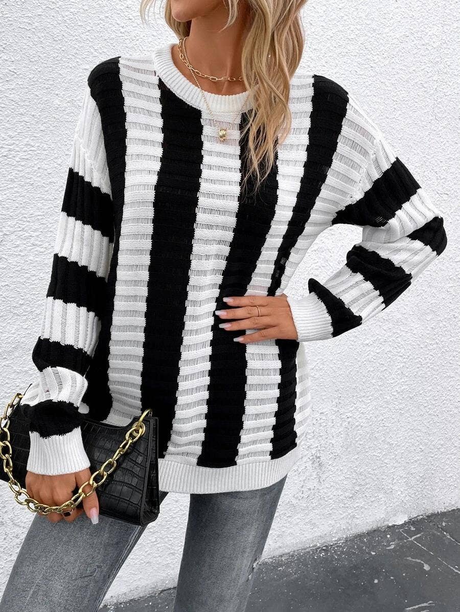 Stripe hollowed-out long-sleeved knitted sweater