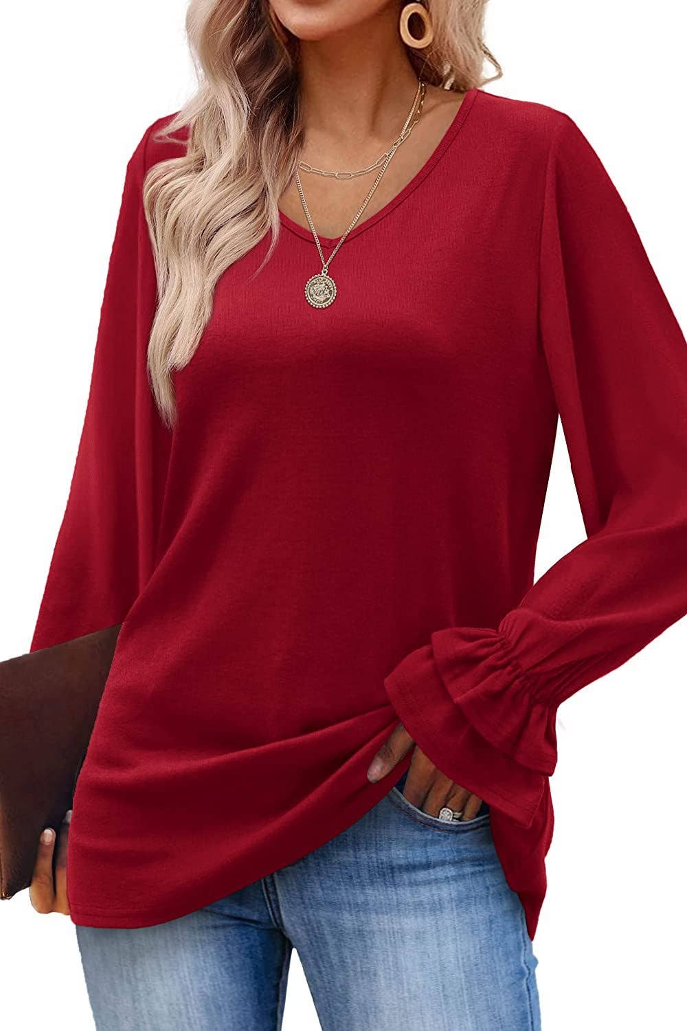 FLARED LONG SLEEVE SOLID COLOR T-SHIRT BLOUSE