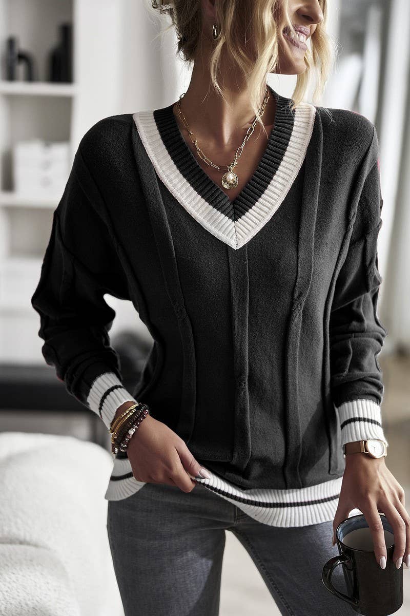 CWOSWL07520_MINIMAL V-NECK COLORBLOCK KNIT SWEATER