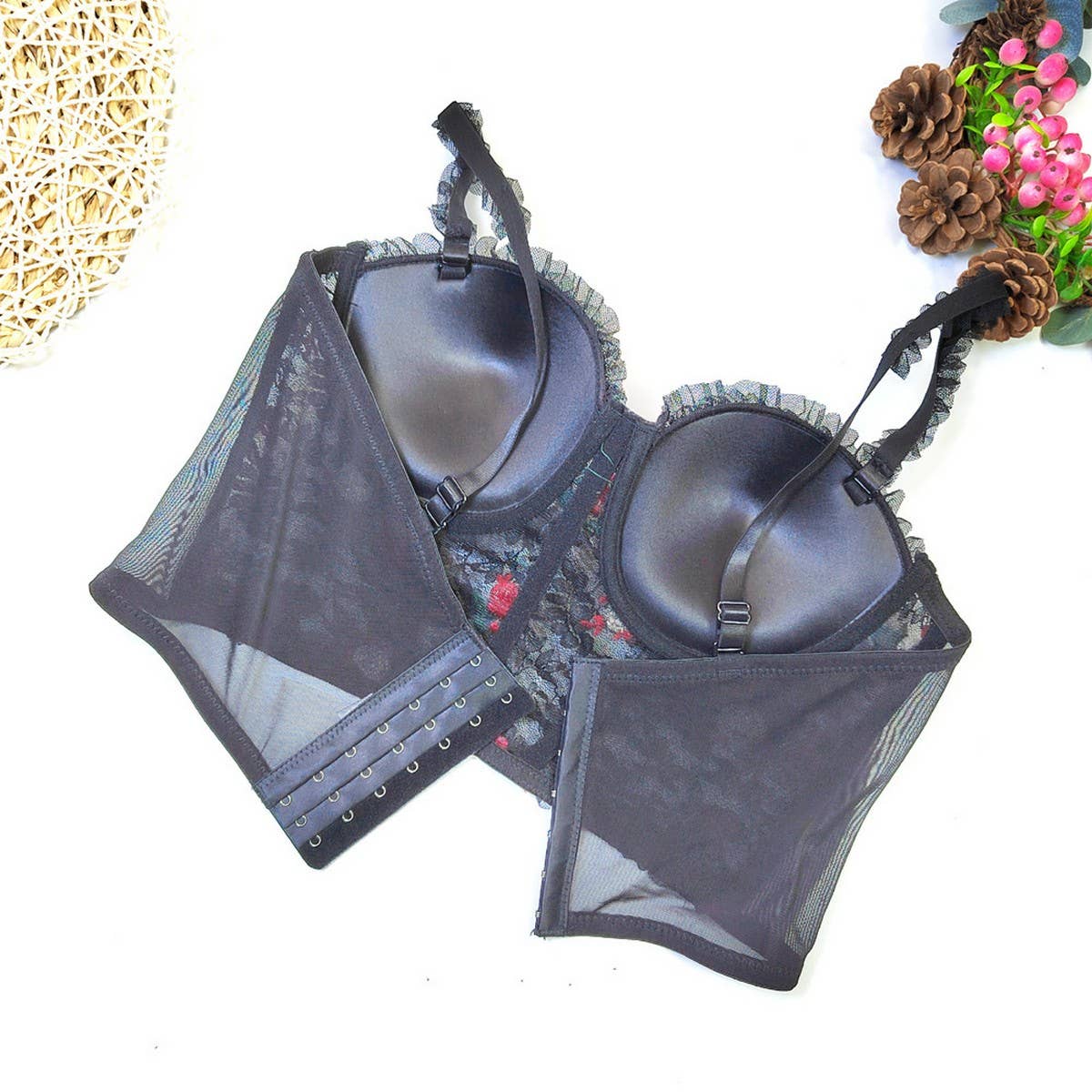 LACE FLORAL EMBROIDERY HERRINGBONE CORSET