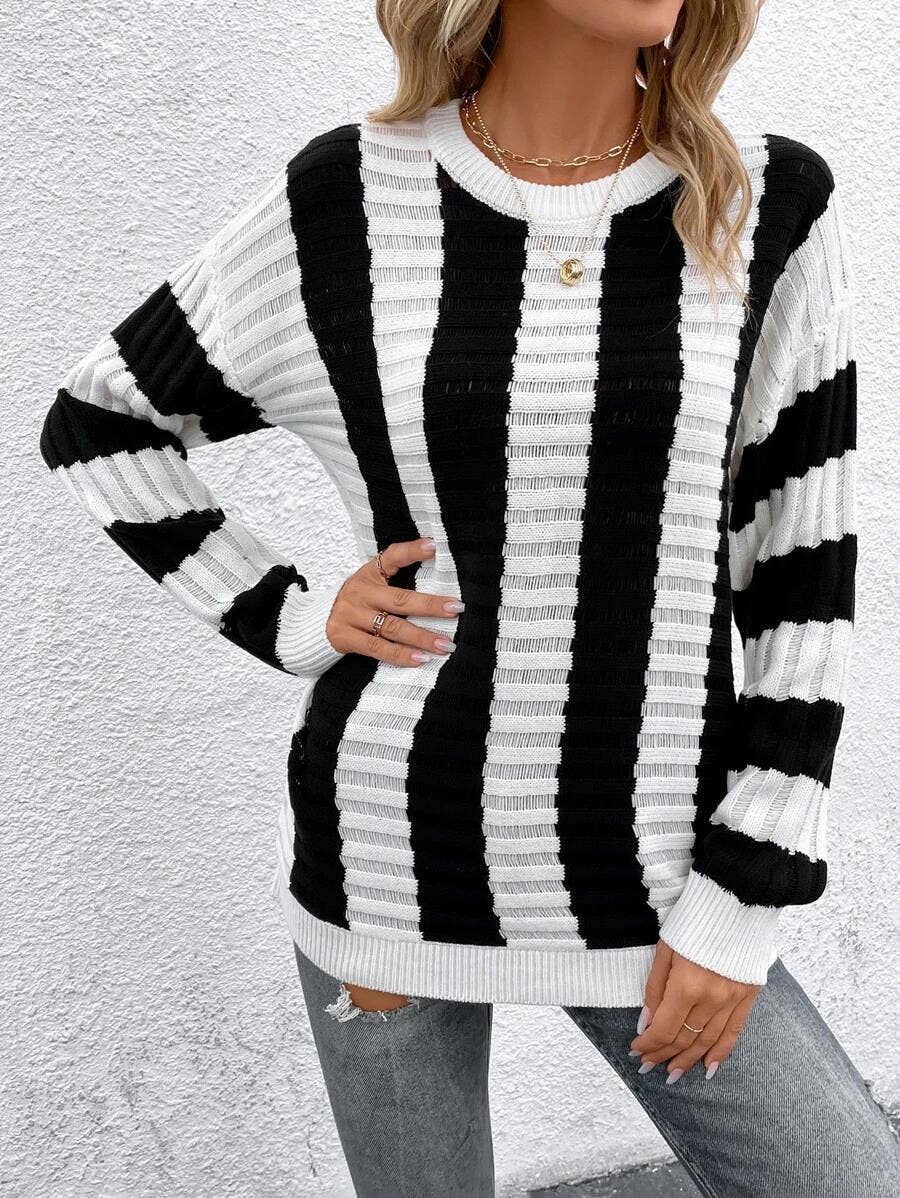 Stripe hollowed-out long-sleeved knitted sweater