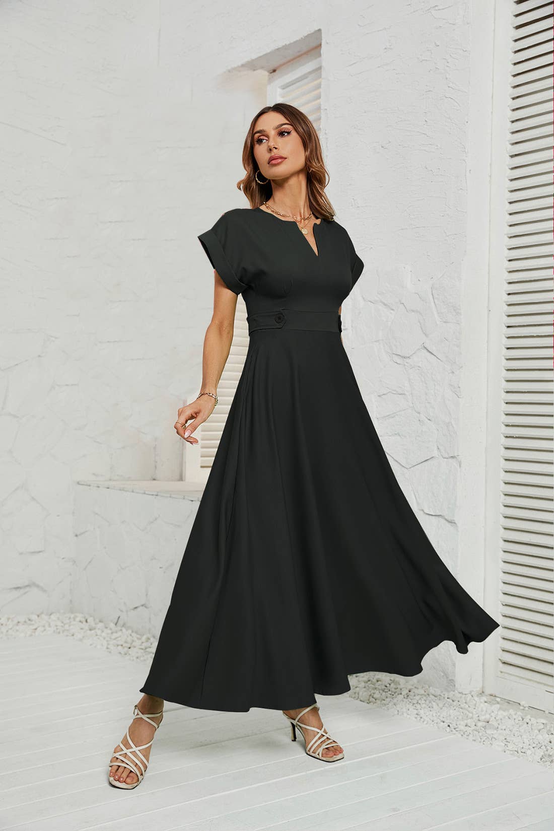 V-neck short-sleeved waist dress