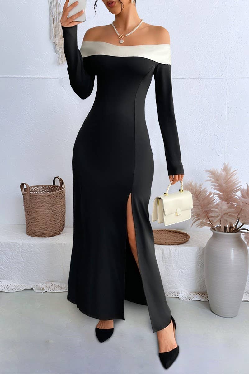 CWDMD6302_OFF SHOULDER SPLIT LONG SLEEVE EVENING DRESS