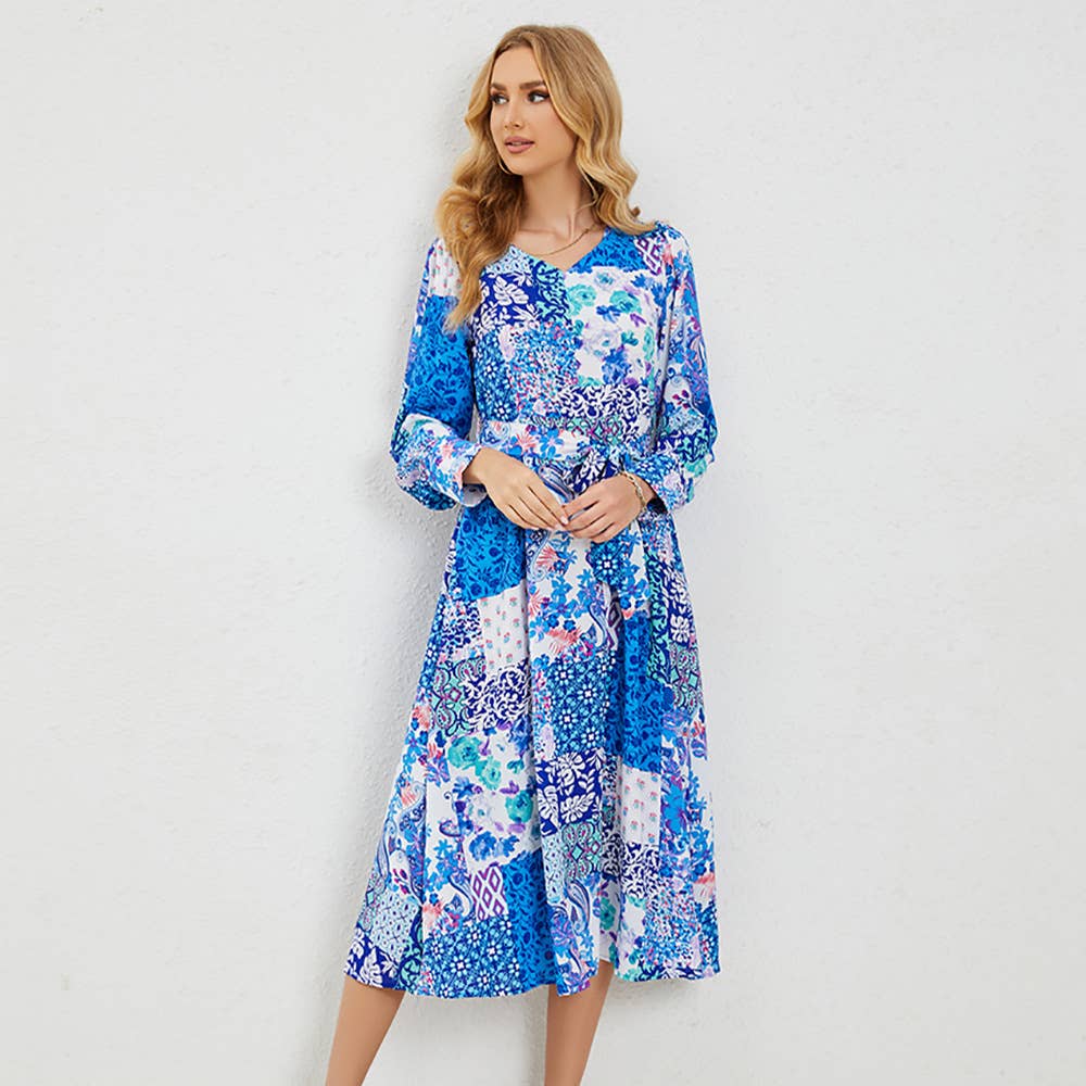 Printed belt A-line skirt long-sleeved dress