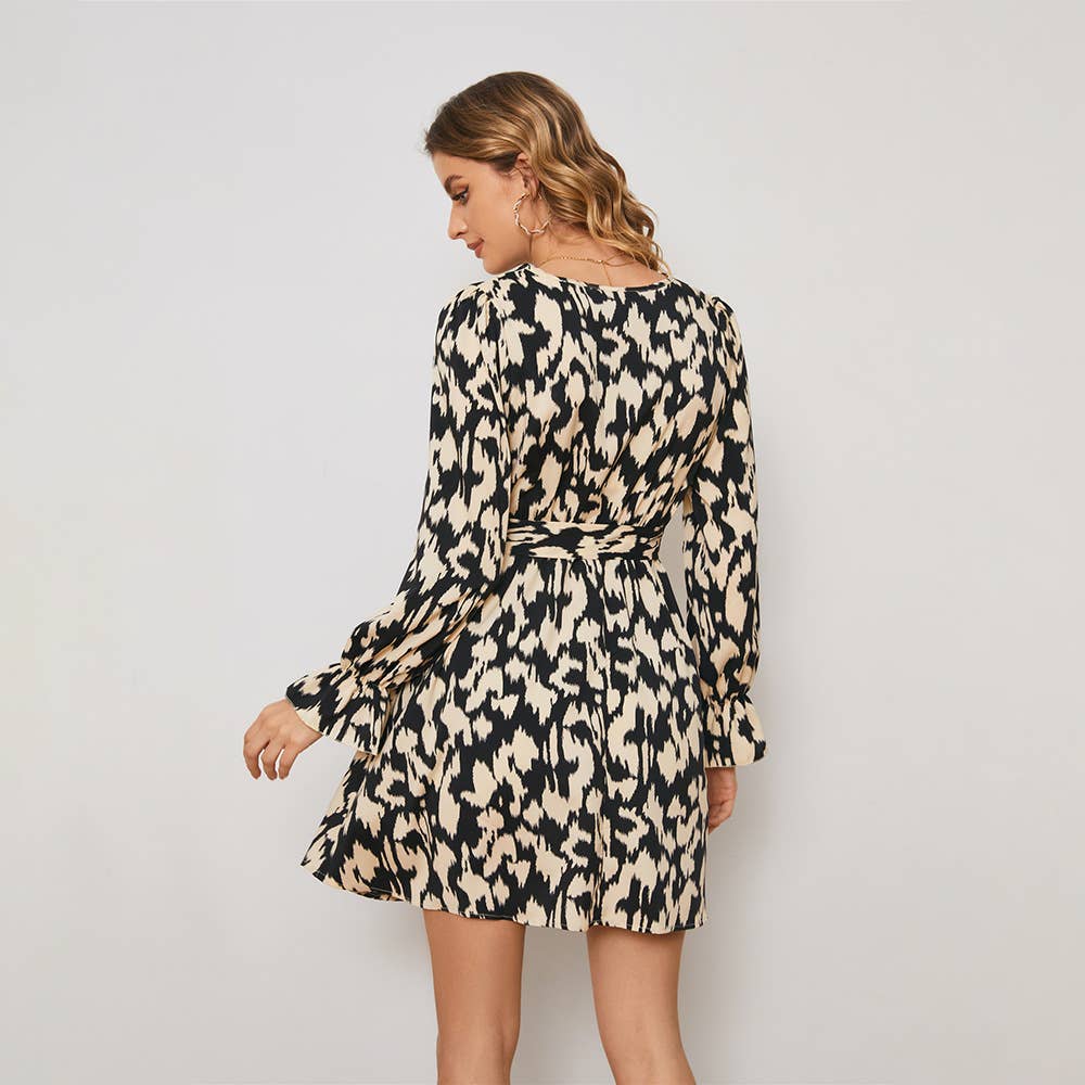 LACE-UP PRINT SLIT V-NECK LONG-SLEEVED DRESS