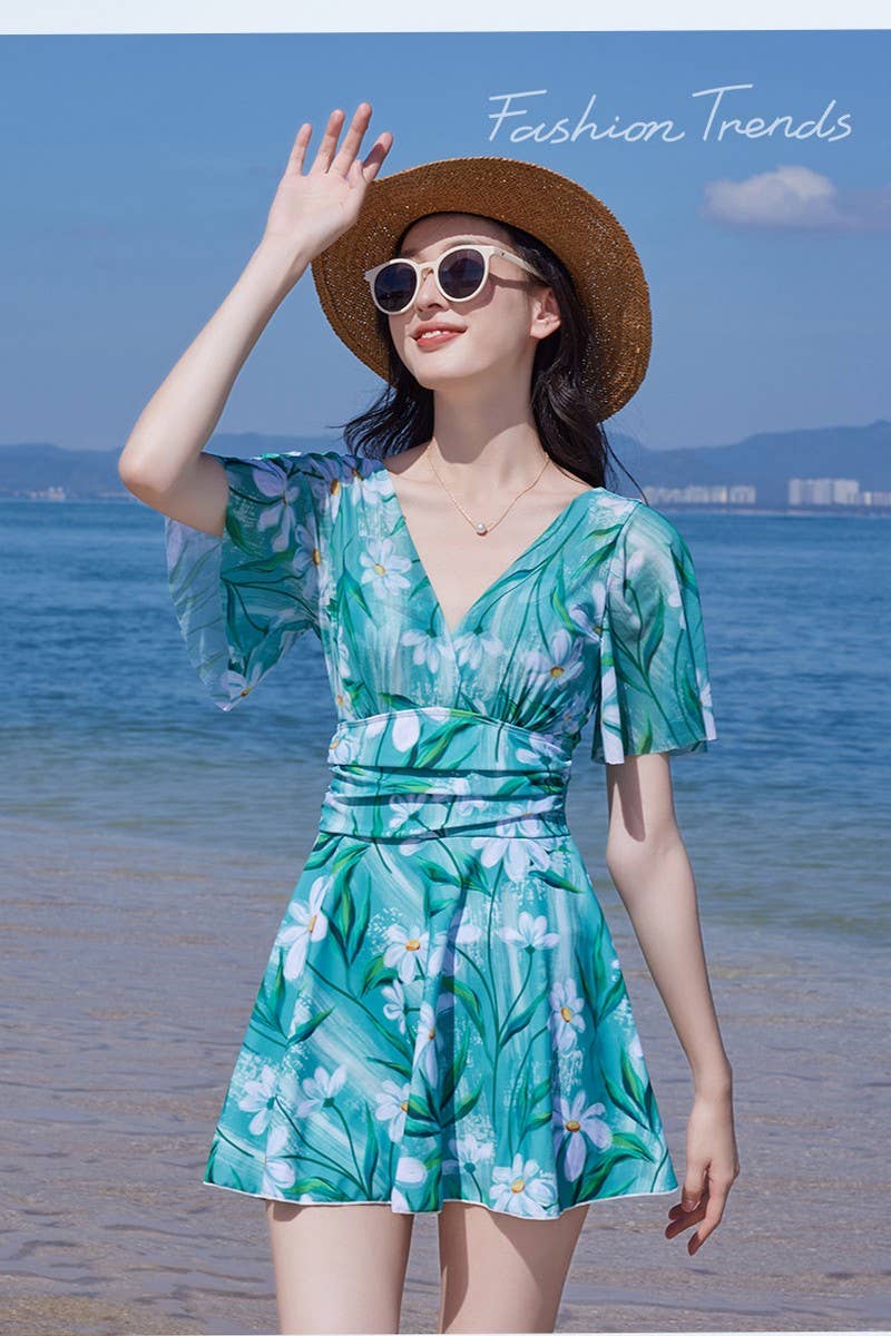 CWMW0860_PRINTED HIGH WAIST BACKLESS ONE-PIECE SWIM DRESS