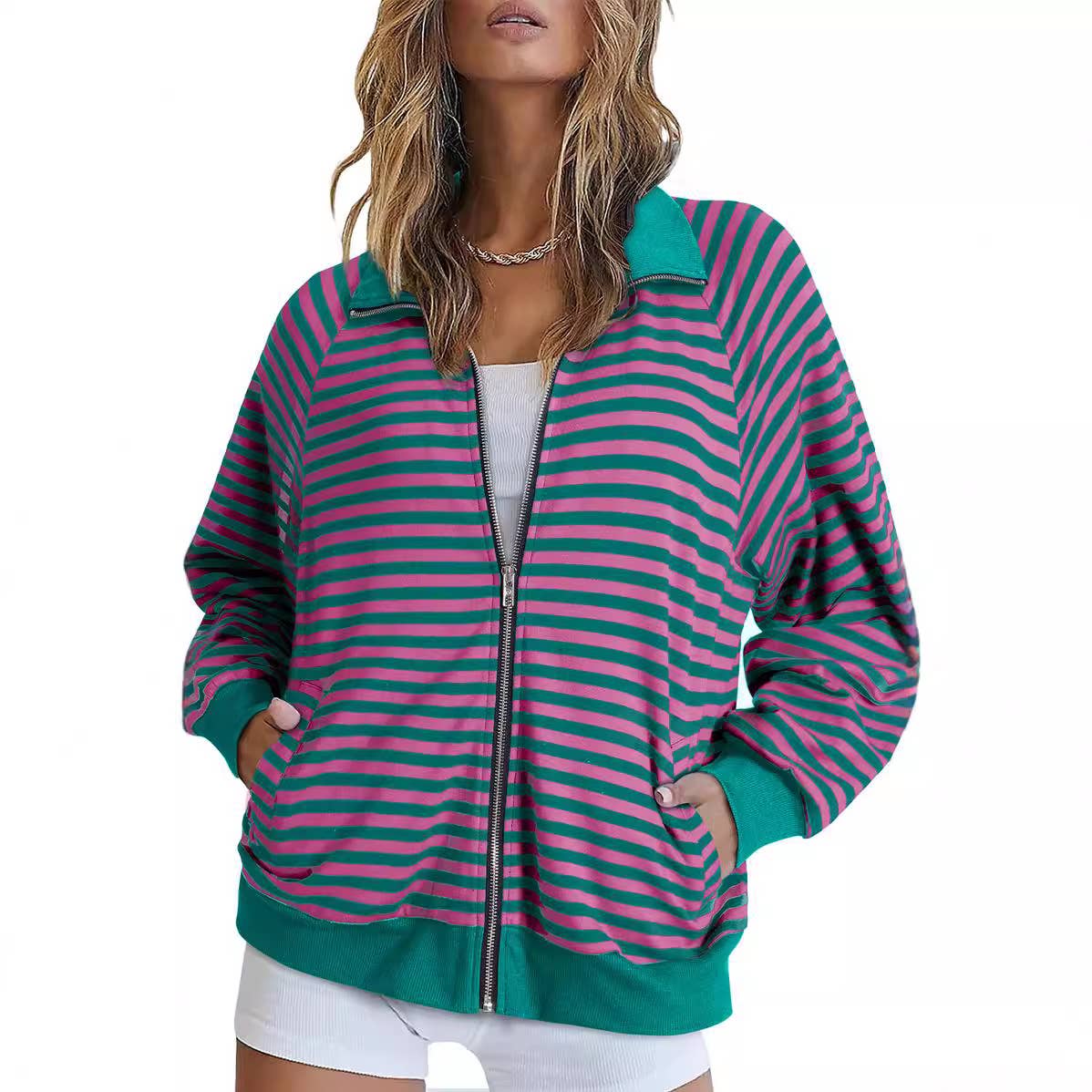 Striped lapel color-blocking zipper cardigan