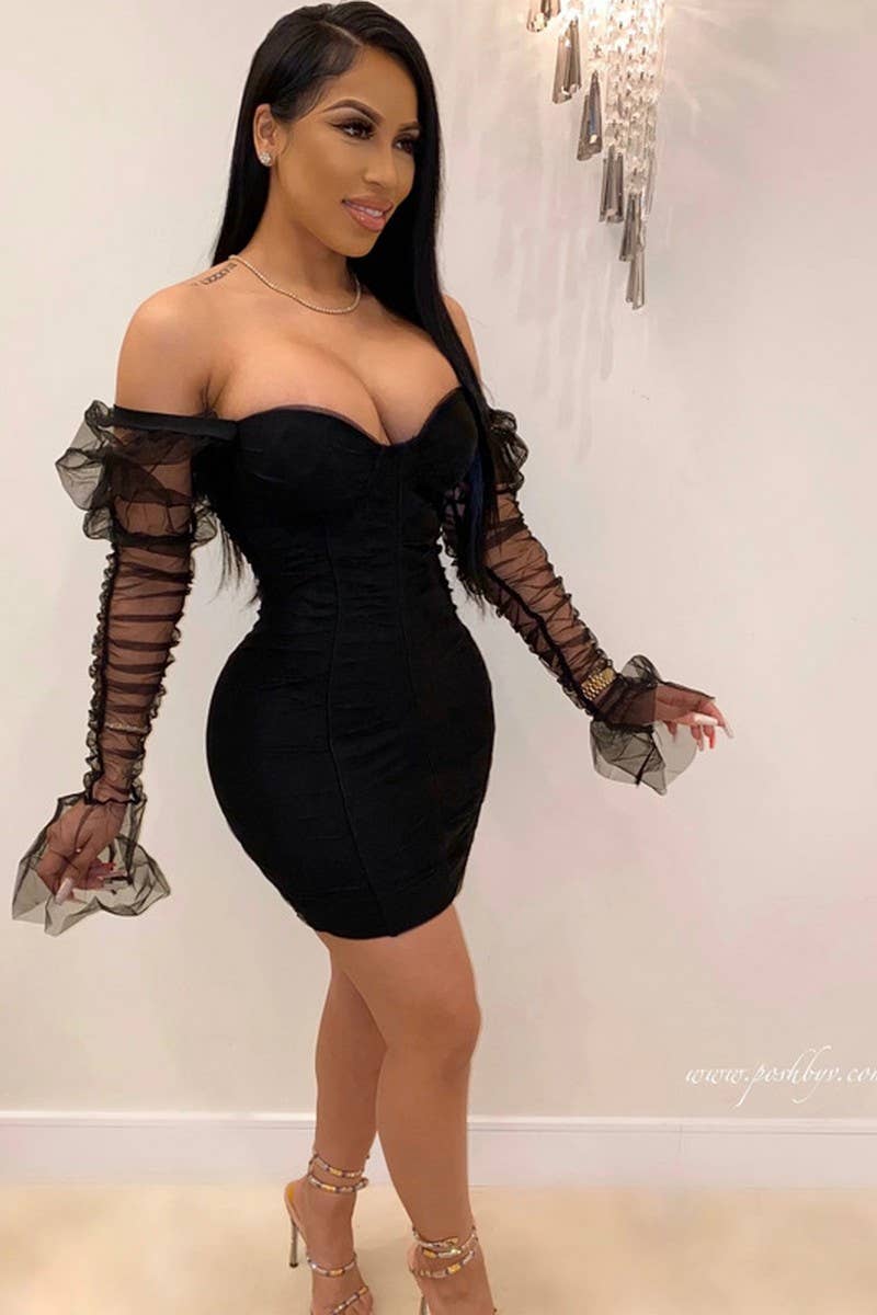 CWDTD00493_STRAPLESS MESH PATCH BODYCON CLUB DRESS