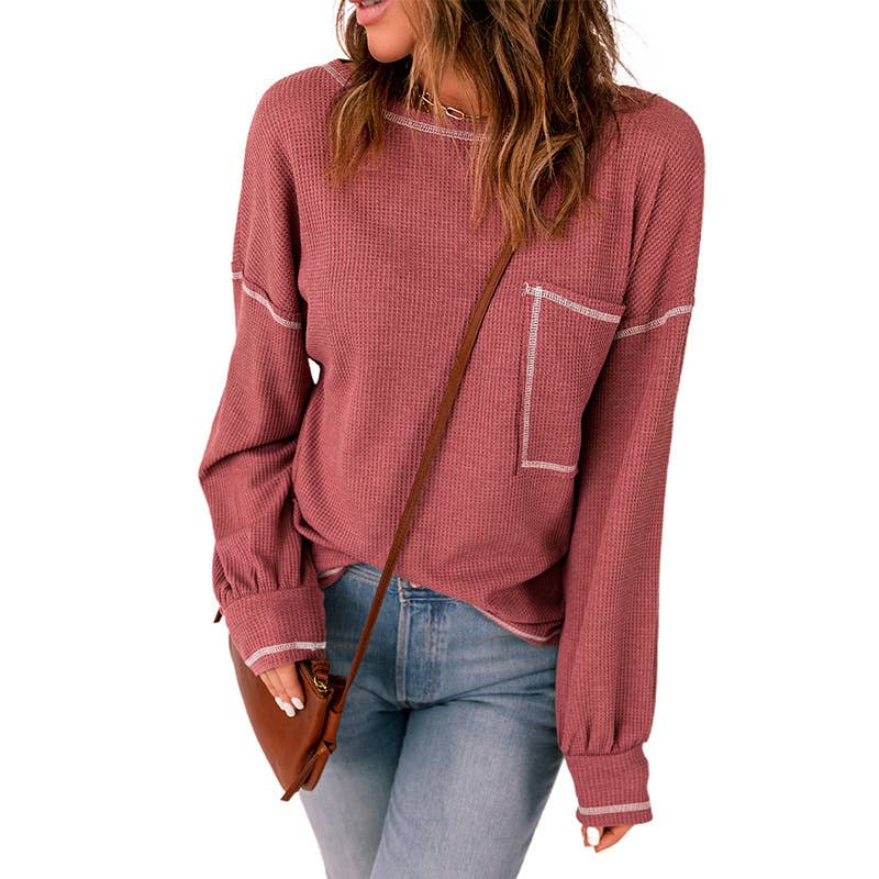 WAFFLE SOLID COLOR POCKET KNITTED TOP WOMAN
